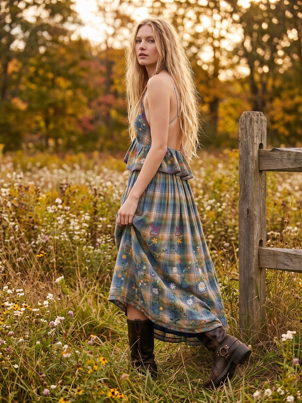 Free People Bohemian 70s Embroidered Plaid Songs Of Summer Maxi Dress Large NWT - Picture 7 of 16